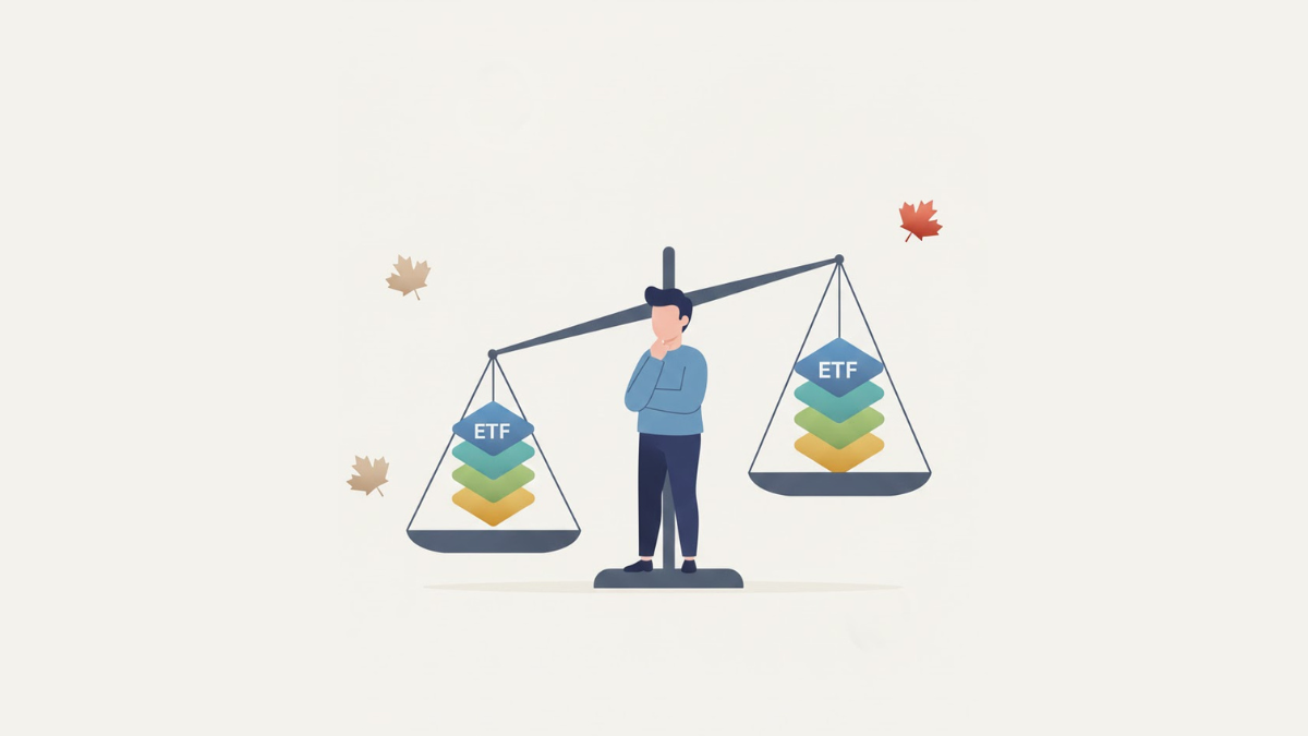 Person balancing ETF investments on a scale with maple leaves