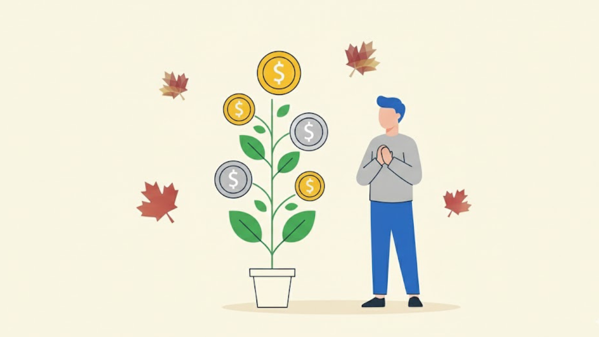 Money tree growing coins representing compound interest growth with maple leaves