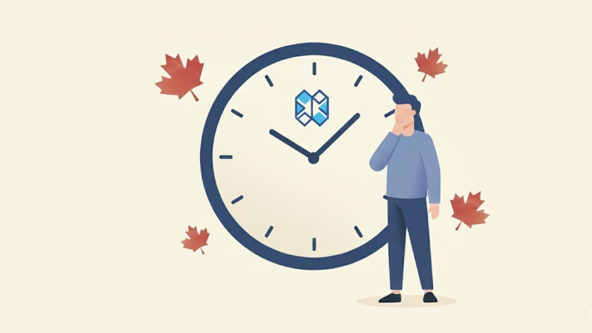Person considering CPP timing with clock and maple leaves
