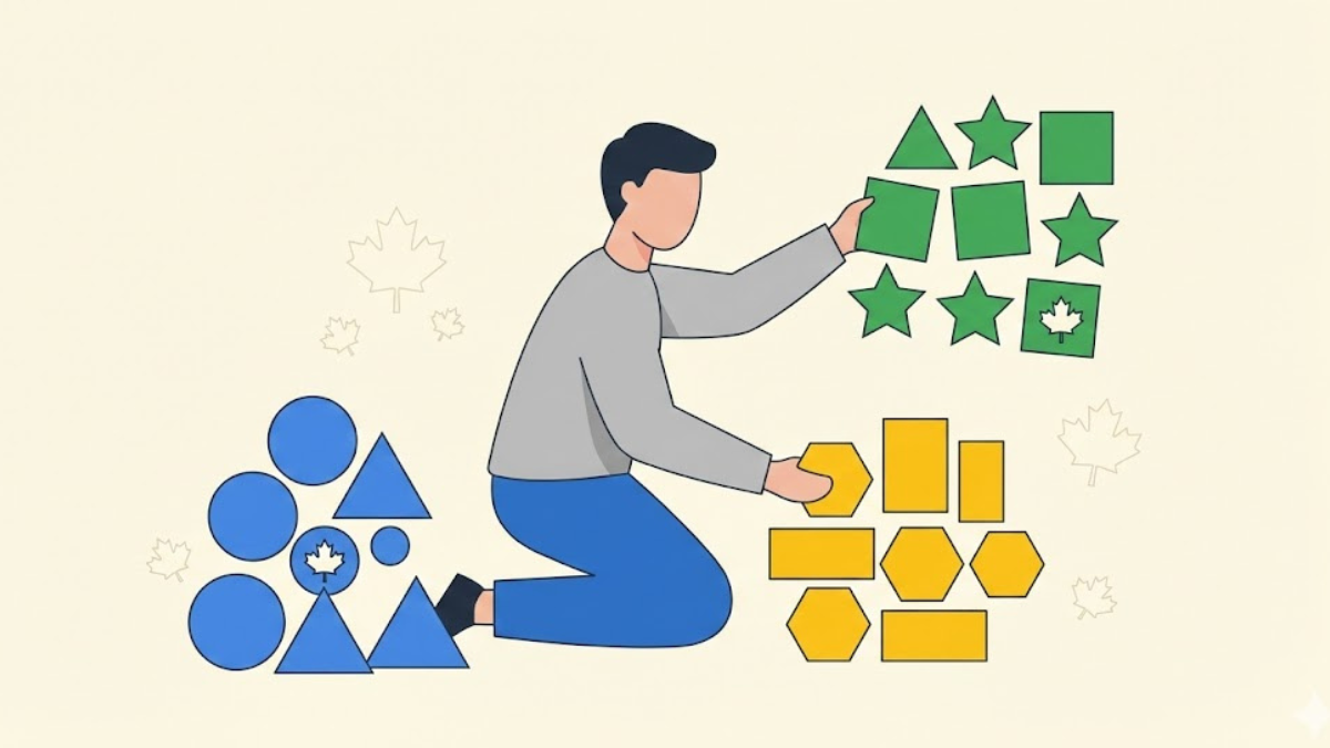 Person sorting different investment types into diversified groups with maple leaves