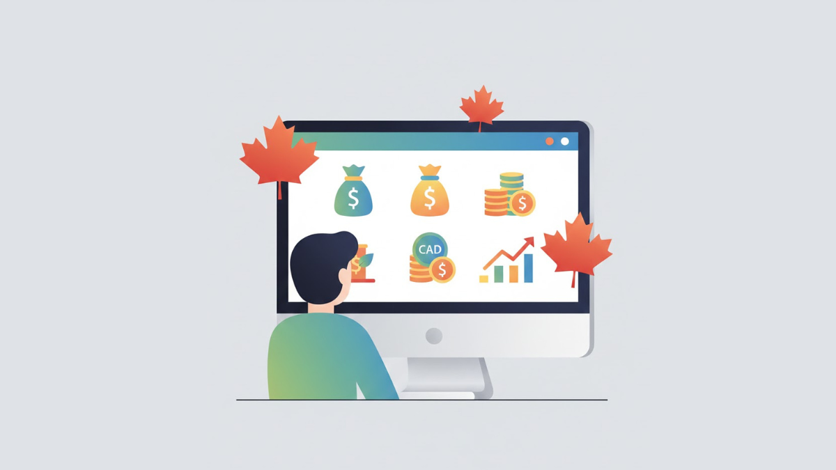 Person viewing EQ Bank savings options on computer with maple leaves