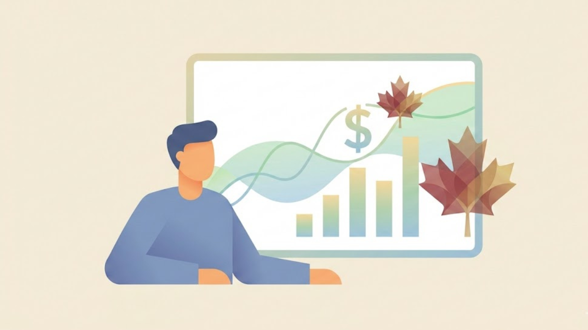 Person learning about investing with growth charts and maple leaves
