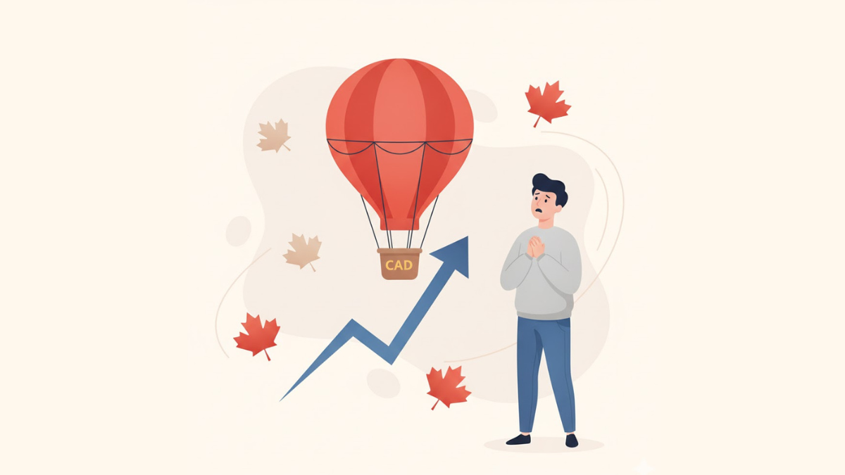 Hot air balloon with CAD rising showing inflation in Canada with maple leaves