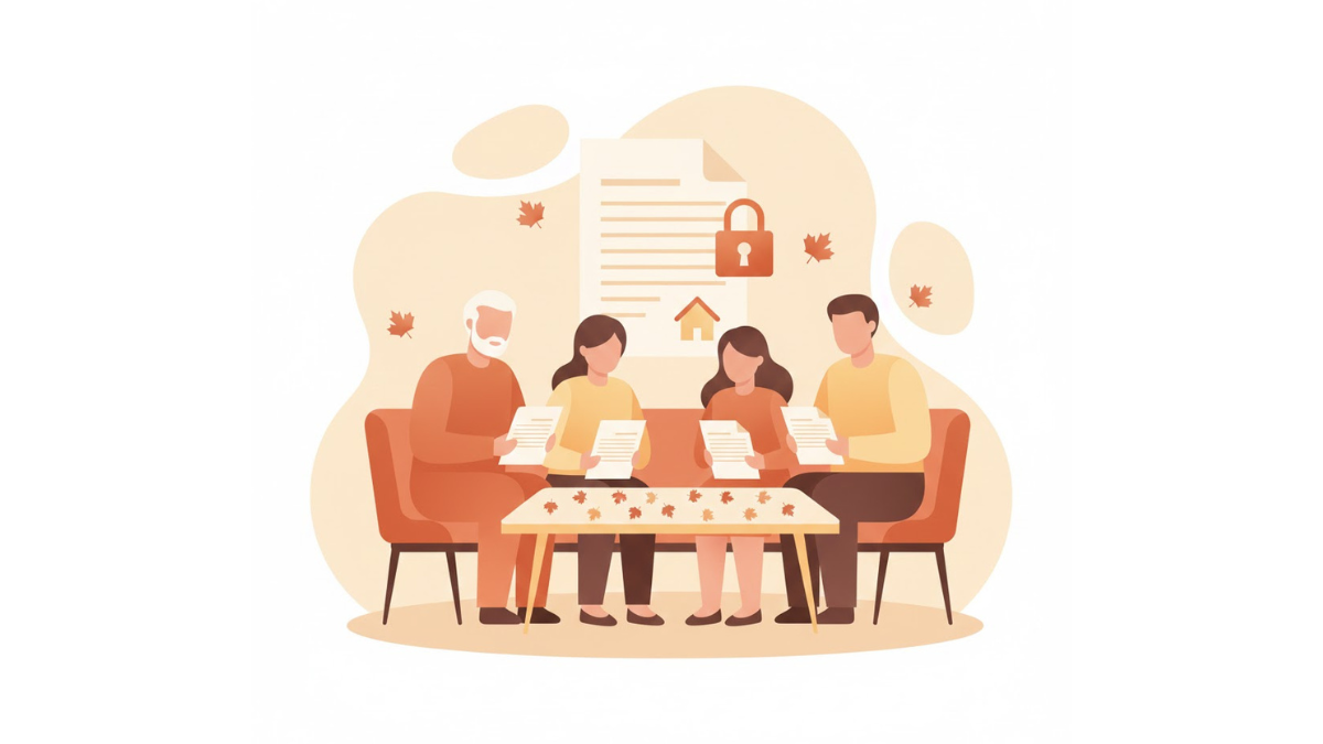 Family discussing inheritance and estate documents together with maple leaves