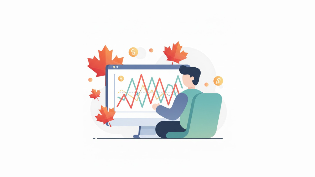 Investor watching stock market charts with volatile fluctuations and maple leaves