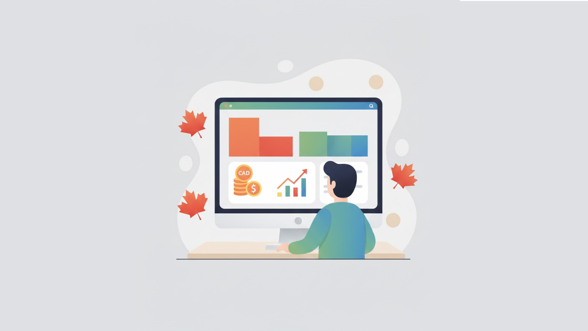 Person using Questrade trading platform with charts and maple leaves