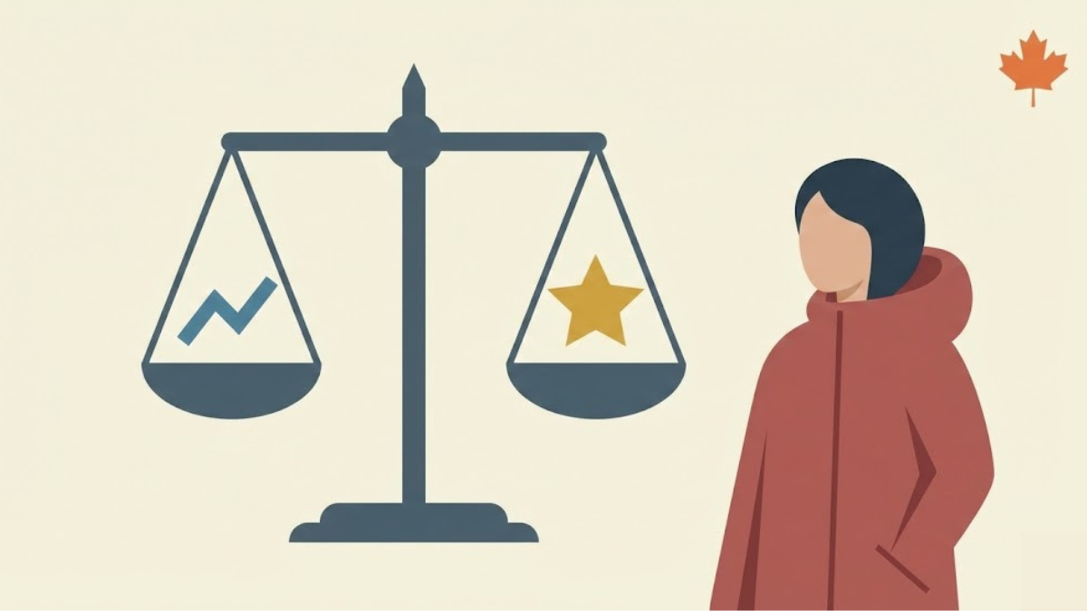 Person weighing risk and reward on a balance scale with maple leaf