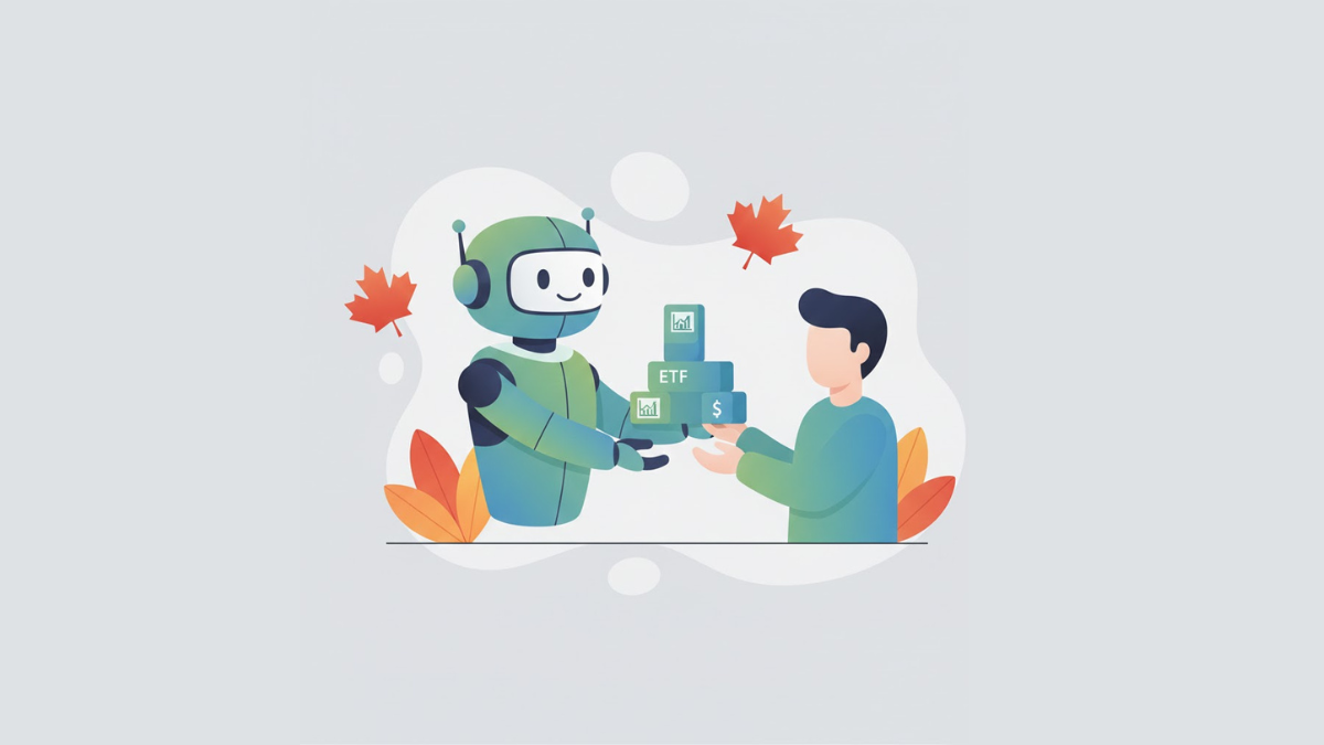 Robot advisor handing ETF investments to person with maple leaves