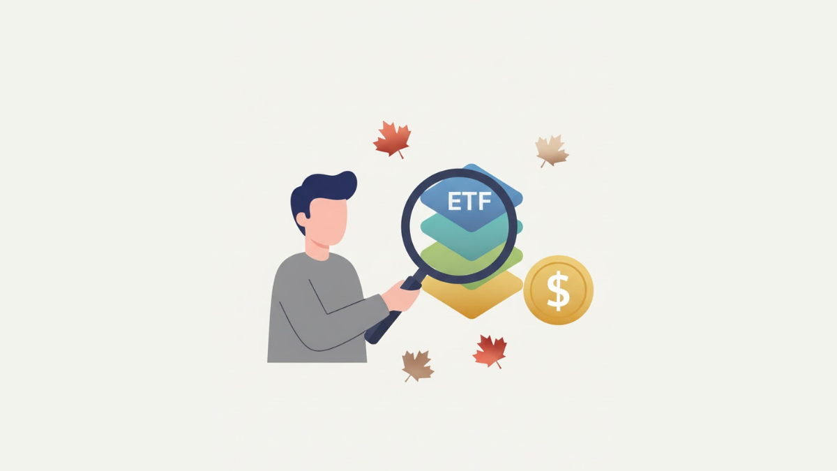 Person examining ETF investment layers with magnifying glass and maple leaves